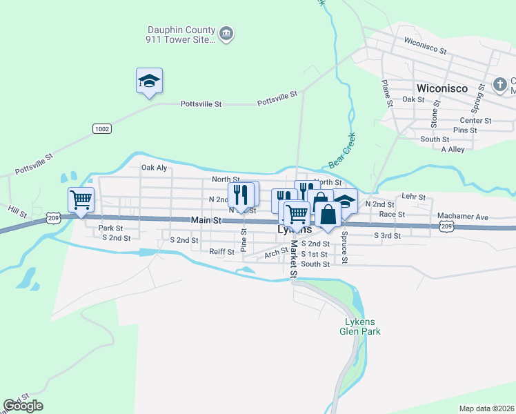 map of restaurants, bars, coffee shops, grocery stores, and more near 533 Main Street in Lykens