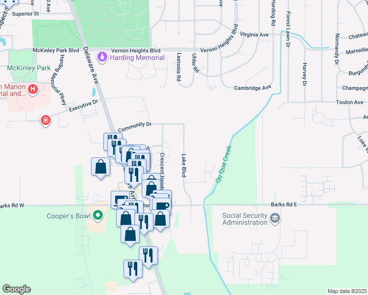 map of restaurants, bars, coffee shops, grocery stores, and more near 1215 Lake Boulevard in Marion