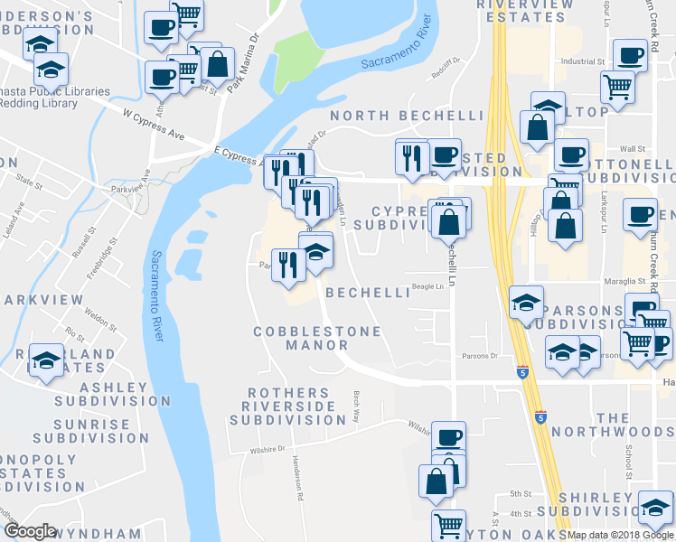 map of restaurants, bars, coffee shops, grocery stores, and more near 201 Hartnell Avenue in Redding