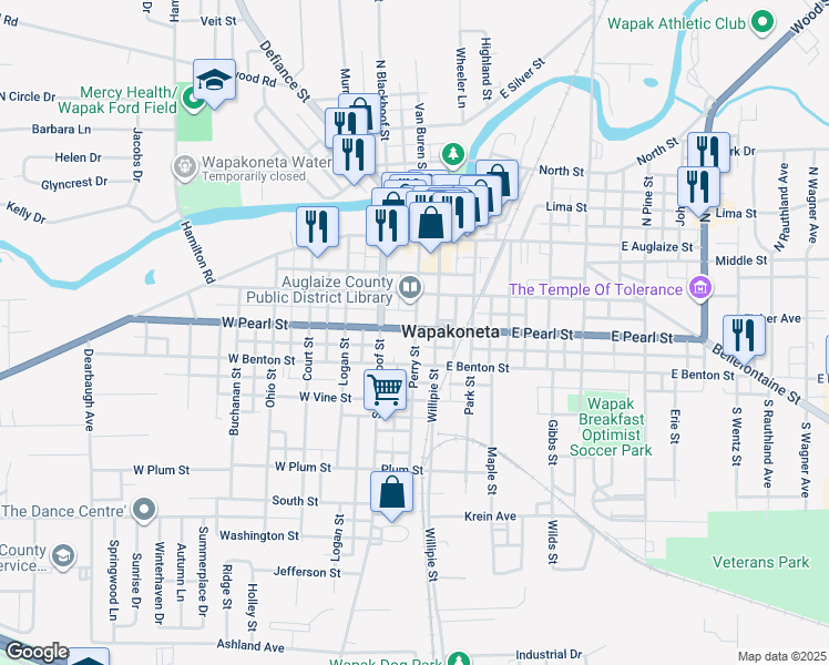 map of restaurants, bars, coffee shops, grocery stores, and more near 309 Perry Street in Wapakoneta