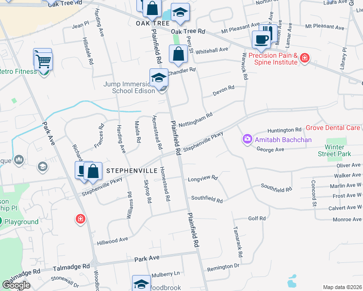 map of restaurants, bars, coffee shops, grocery stores, and more near 399 Plainfield Road in Edison
