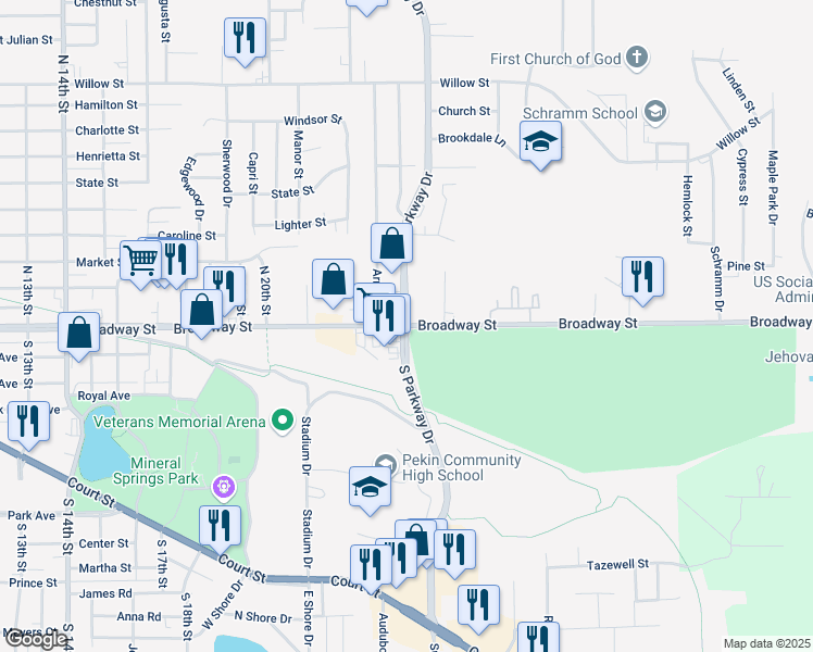 map of restaurants, bars, coffee shops, grocery stores, and more near 100 North Parkway Drive in Pekin