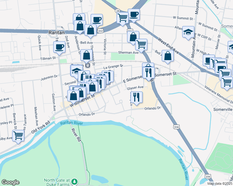 map of restaurants, bars, coffee shops, grocery stores, and more near in Raritan