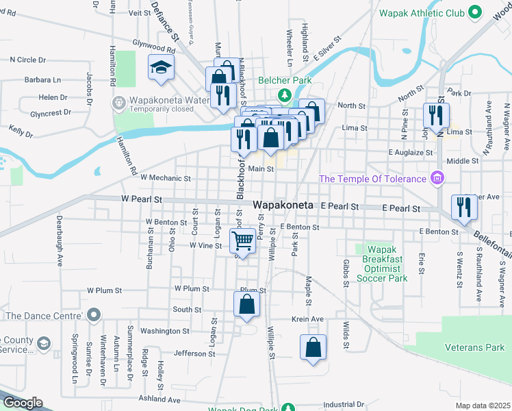 map of restaurants, bars, coffee shops, grocery stores, and more near 309 Perry Street in Wapakoneta