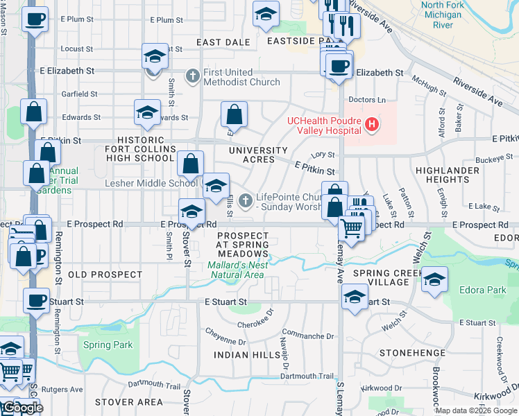 map of restaurants, bars, coffee shops, grocery stores, and more near 1409 Robertson Street in Fort Collins