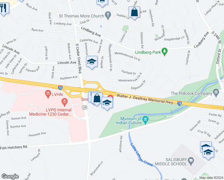 map of restaurants, bars, coffee shops, grocery stores, and more near 2839 Edgemont Drive in Allentown