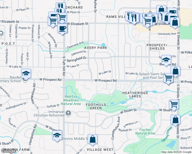 map of restaurants, bars, coffee shops, grocery stores, and more near 1509 Skyline Drive in Fort Collins