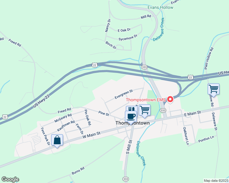 map of restaurants, bars, coffee shops, grocery stores, and more near 85 Evergreen Street in Thompsontown