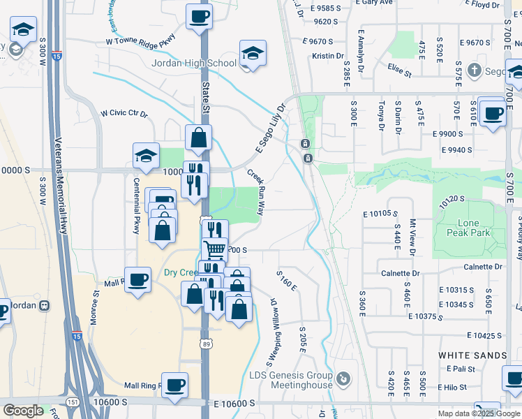 map of restaurants, bars, coffee shops, grocery stores, and more near Creek Run Way in Sandy