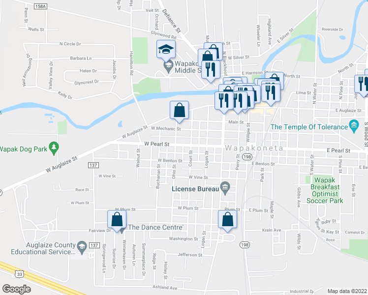 map of restaurants, bars, coffee shops, grocery stores, and more near 405 West Pearl Street in Wapakoneta
