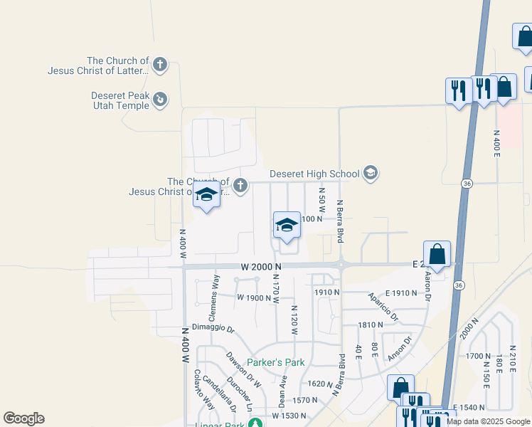 map of restaurants, bars, coffee shops, grocery stores, and more near 2117 North 170 West in Tooele