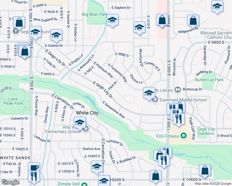 map of restaurants, bars, coffee shops, grocery stores, and more near 1076 East Diamond Way in Sandy