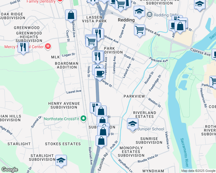 map of restaurants, bars, coffee shops, grocery stores, and more near 1167 Grange Street in Redding
