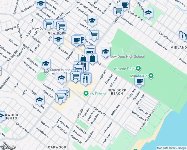 map of restaurants, bars, coffee shops, grocery stores, and more near 76 Dartmouth Loop in Staten Island