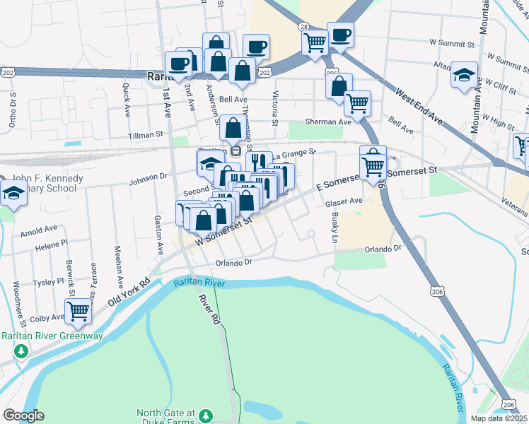 map of restaurants, bars, coffee shops, grocery stores, and more near 26 Thompson Street in Raritan