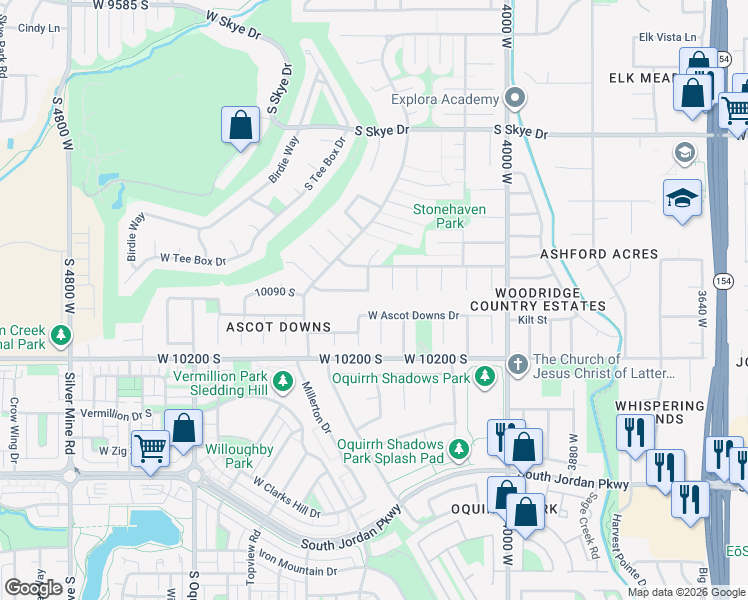 map of restaurants, bars, coffee shops, grocery stores, and more near 4212 Ascot Downs Drive in South Jordan