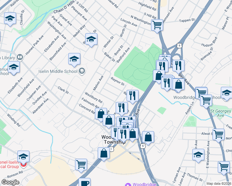 map of restaurants, bars, coffee shops, grocery stores, and more near 206 Julius Street in Woodbridge Township