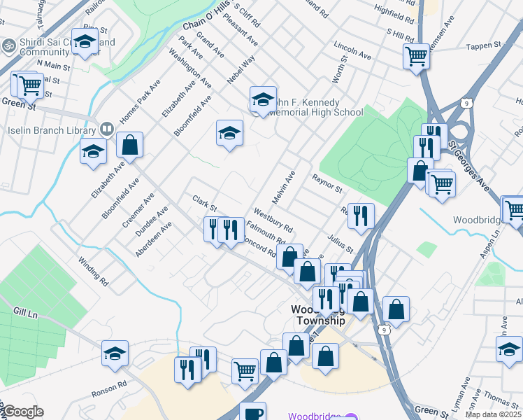 map of restaurants, bars, coffee shops, grocery stores, and more near 23 Westbury Road in Woodbridge Township