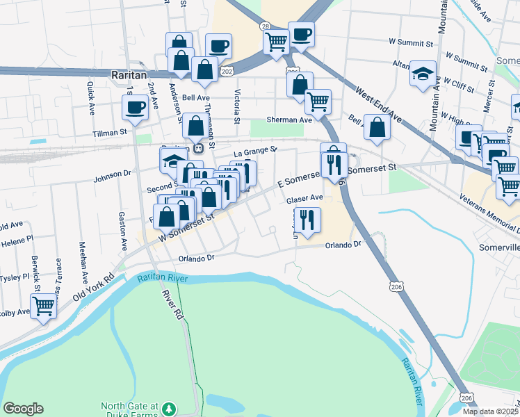 map of restaurants, bars, coffee shops, grocery stores, and more near in Raritan