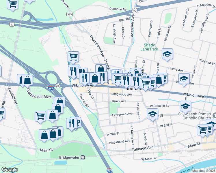 map of restaurants, bars, coffee shops, grocery stores, and more near 401 Thompson Avenue in Bound Brook