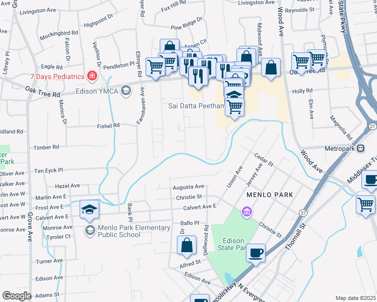 map of restaurants, bars, coffee shops, grocery stores, and more near 138 Minebrook Road in Edison