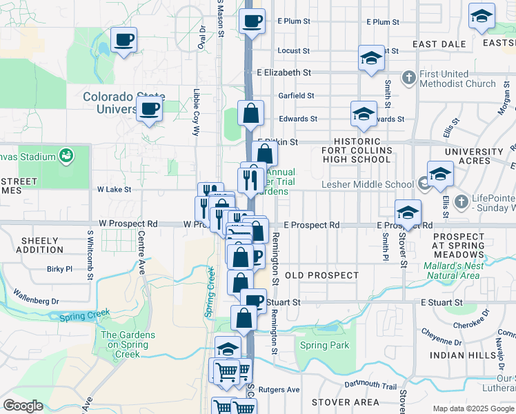 map of restaurants, bars, coffee shops, grocery stores, and more near 1530 South College Avenue in Fort Collins