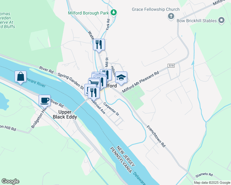 map of restaurants, bars, coffee shops, grocery stores, and more near 40 Frenchtown Road in Milford