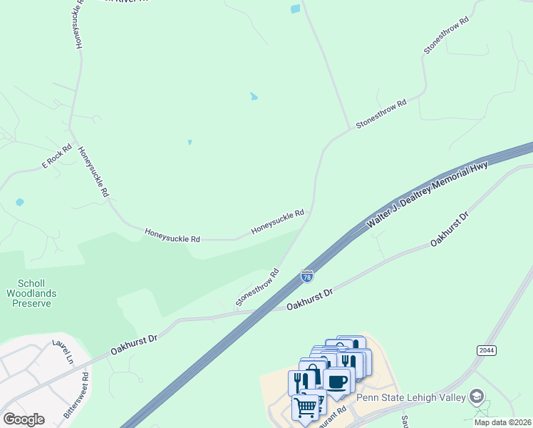 map of restaurants, bars, coffee shops, grocery stores, and more near 3478 Honeysuckle Road in Bethlehem
