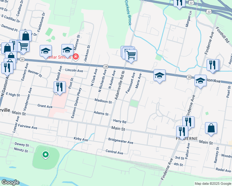 map of restaurants, bars, coffee shops, grocery stores, and more near 87 North Adamsville Road in Somerville