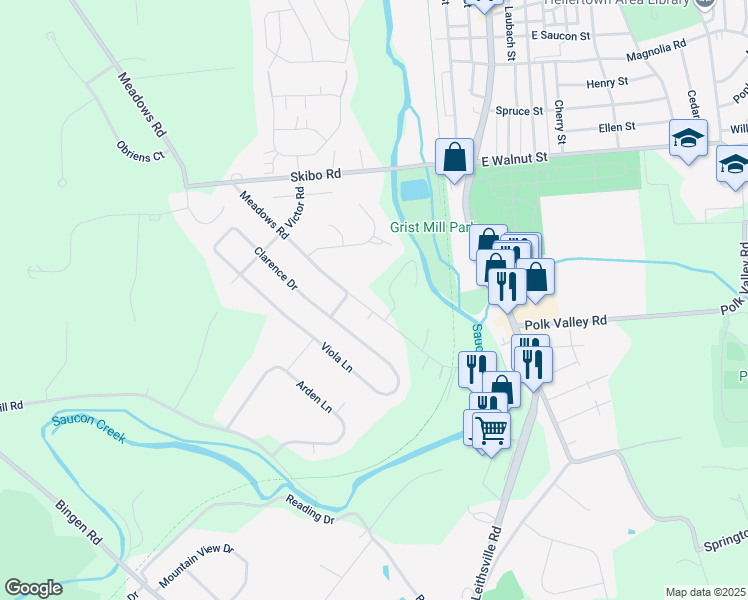 map of restaurants, bars, coffee shops, grocery stores, and more near 1811 Meadows Road in Hellertown