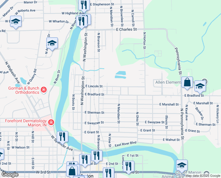 map of restaurants, bars, coffee shops, grocery stores, and more near 600-698 North McClure Street in Marion