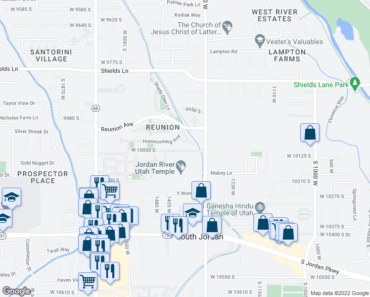 map of restaurants, bars, coffee shops, grocery stores, and more near 1376 Wheadon Glenn Cove in South Jordan
