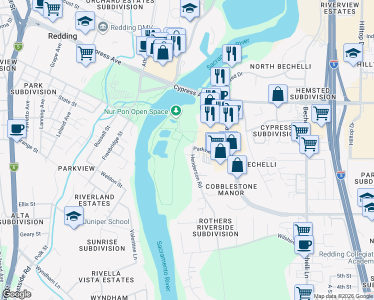 map of restaurants, bars, coffee shops, grocery stores, and more near 2610 Henderson Road in Redding