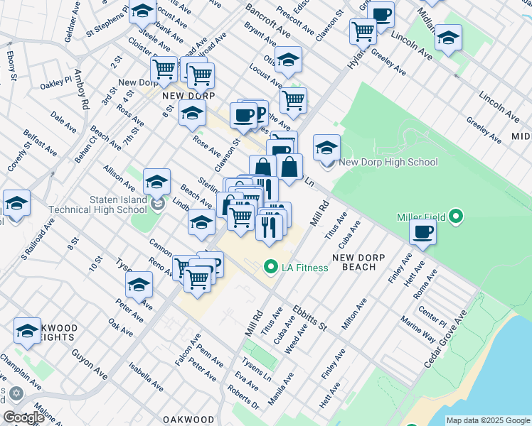 map of restaurants, bars, coffee shops, grocery stores, and more near 2590 Hylan Boulevard in Staten Island