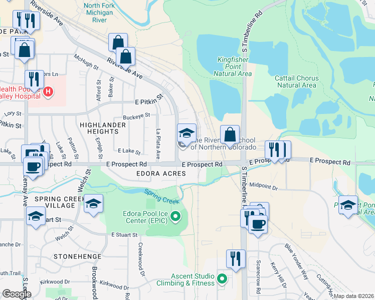 map of restaurants, bars, coffee shops, grocery stores, and more near 1501 Academy Court in Fort Collins