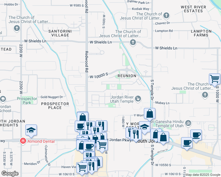 map of restaurants, bars, coffee shops, grocery stores, and more near 10073 Homecoming Avenue in South Jordan