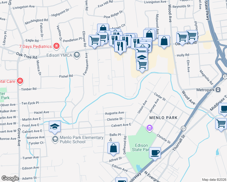 map of restaurants, bars, coffee shops, grocery stores, and more near 34 Minebrook Road in Edison