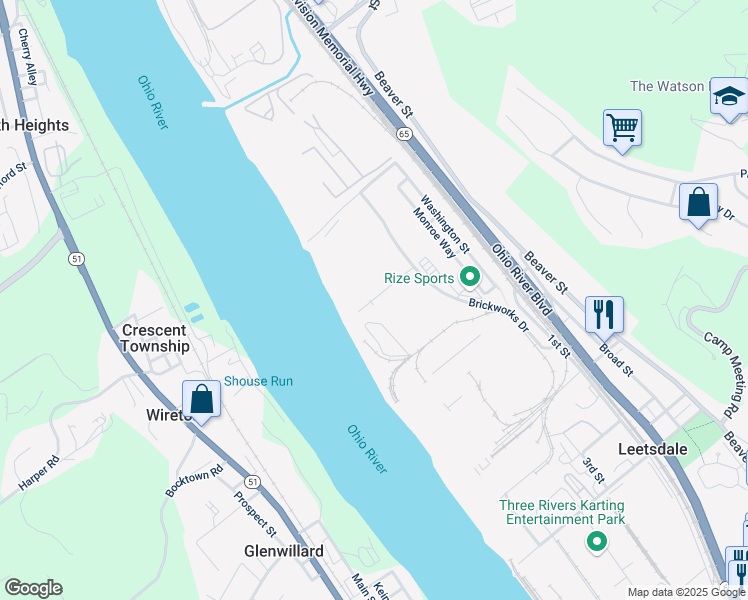 map of restaurants, bars, coffee shops, grocery stores, and more near 900 Riverside Place in Leetsdale