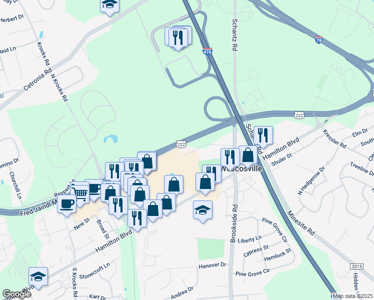 map of restaurants, bars, coffee shops, grocery stores, and more near 5018 Medical Center Circle in Allentown