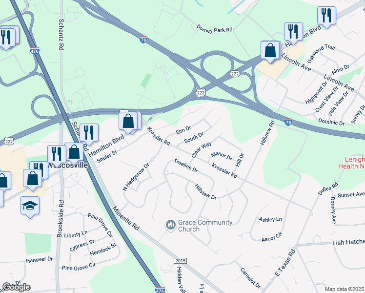 map of restaurants, bars, coffee shops, grocery stores, and more near 934 Kressler Road in Allentown