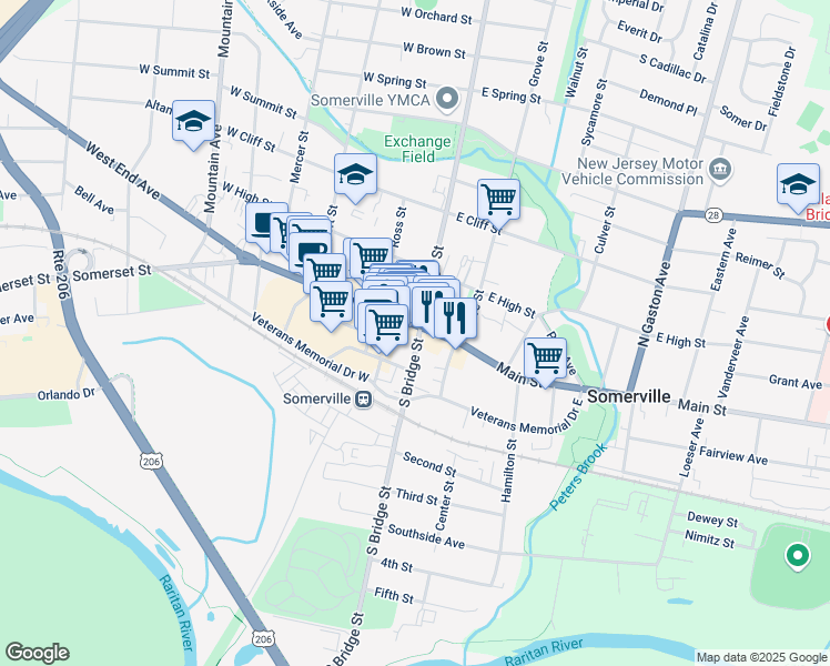 map of restaurants, bars, coffee shops, grocery stores, and more near 19 South Bridge Street in Somerville