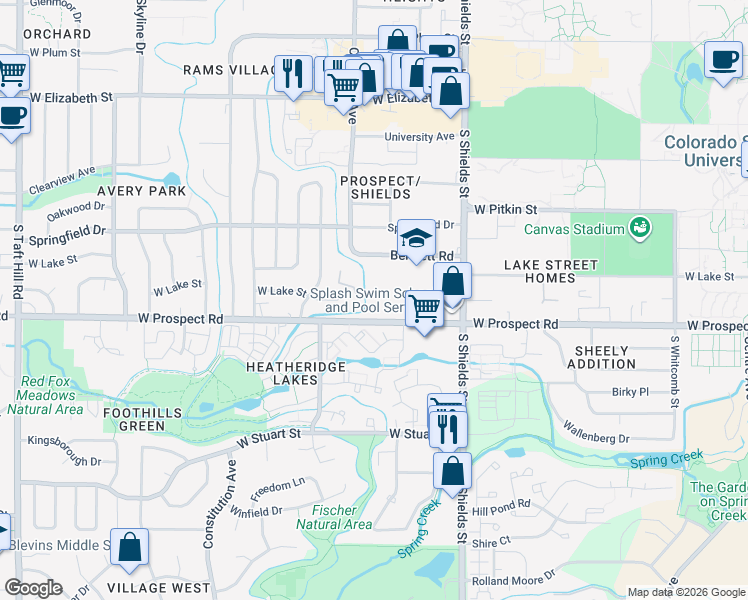 map of restaurants, bars, coffee shops, grocery stores, and more near 1308 West Prospect Road in Fort Collins