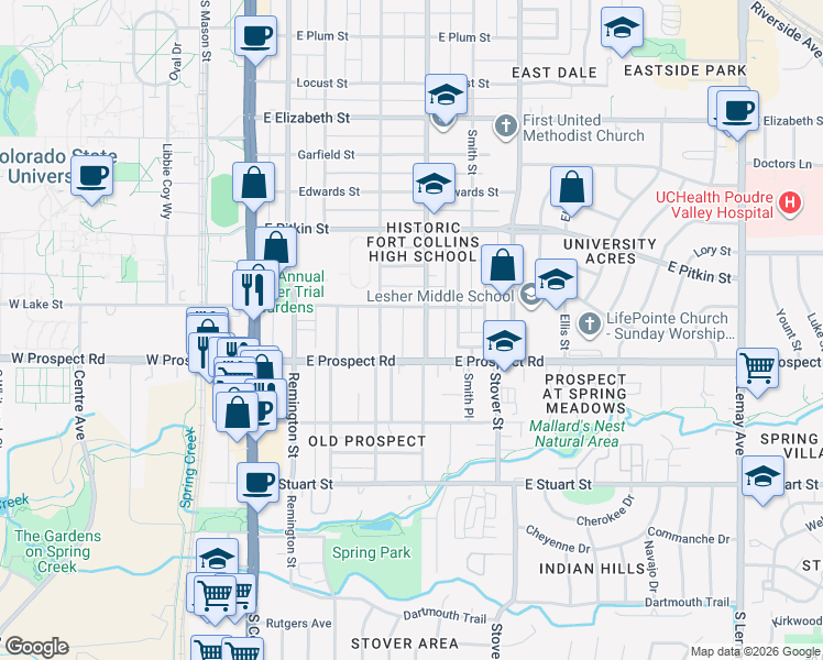 map of restaurants, bars, coffee shops, grocery stores, and more near 1529 Whedbee Street in Fort Collins