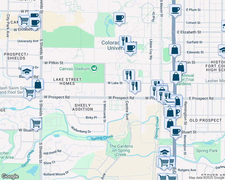 map of restaurants, bars, coffee shops, grocery stores, and more near in Fort Collins