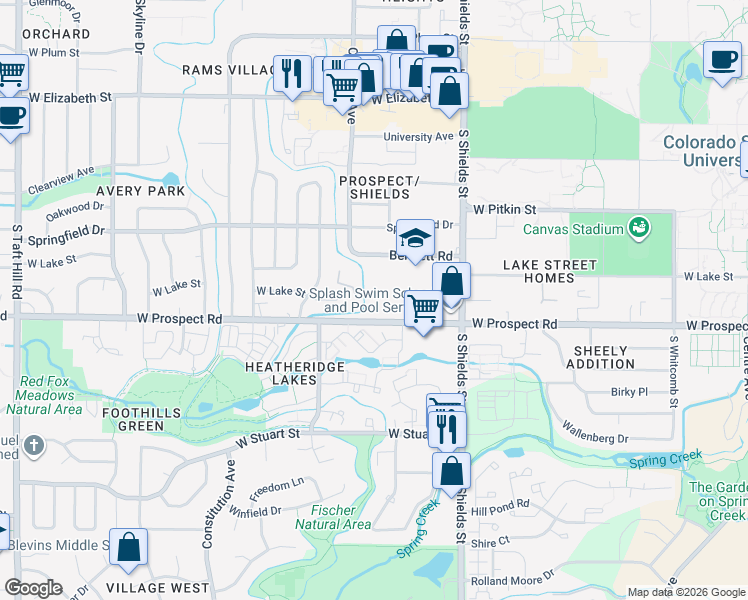 map of restaurants, bars, coffee shops, grocery stores, and more near 1308 West Prospect Road in Fort Collins