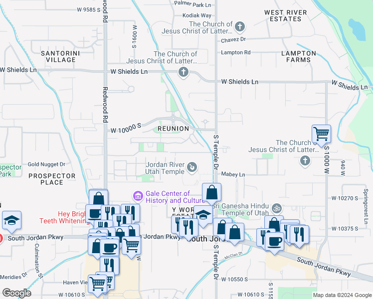 map of restaurants, bars, coffee shops, grocery stores, and more near 1376 Wheadon Glenn Cove in South Jordan