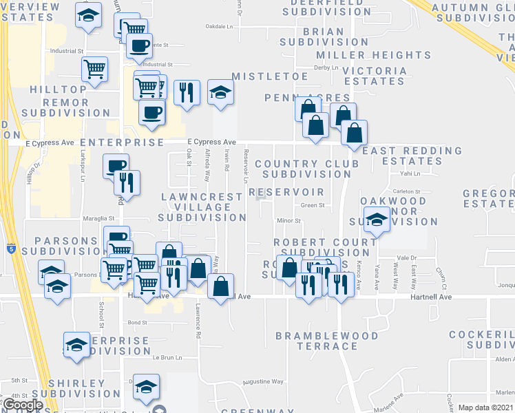 map of restaurants, bars, coffee shops, grocery stores, and more near 2691 Reservoir Lane in Redding