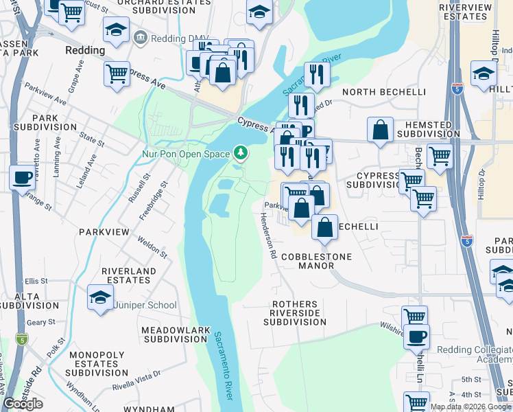map of restaurants, bars, coffee shops, grocery stores, and more near 2610 Henderson Road in Redding