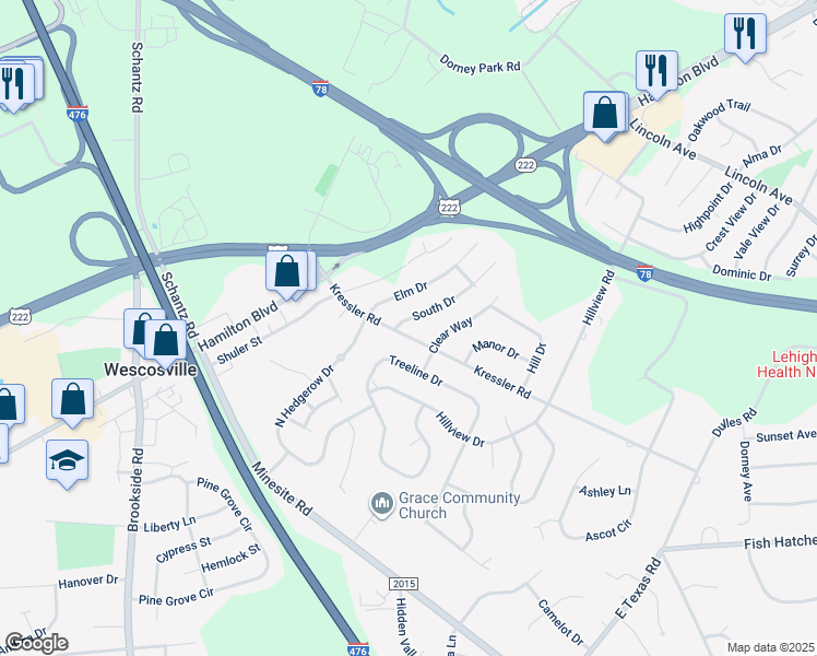 map of restaurants, bars, coffee shops, grocery stores, and more near 934 Kressler Road in Allentown