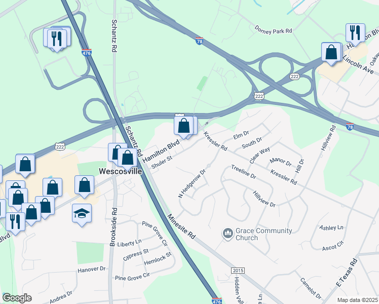 map of restaurants, bars, coffee shops, grocery stores, and more near 895 Cold Spring Road in Allentown